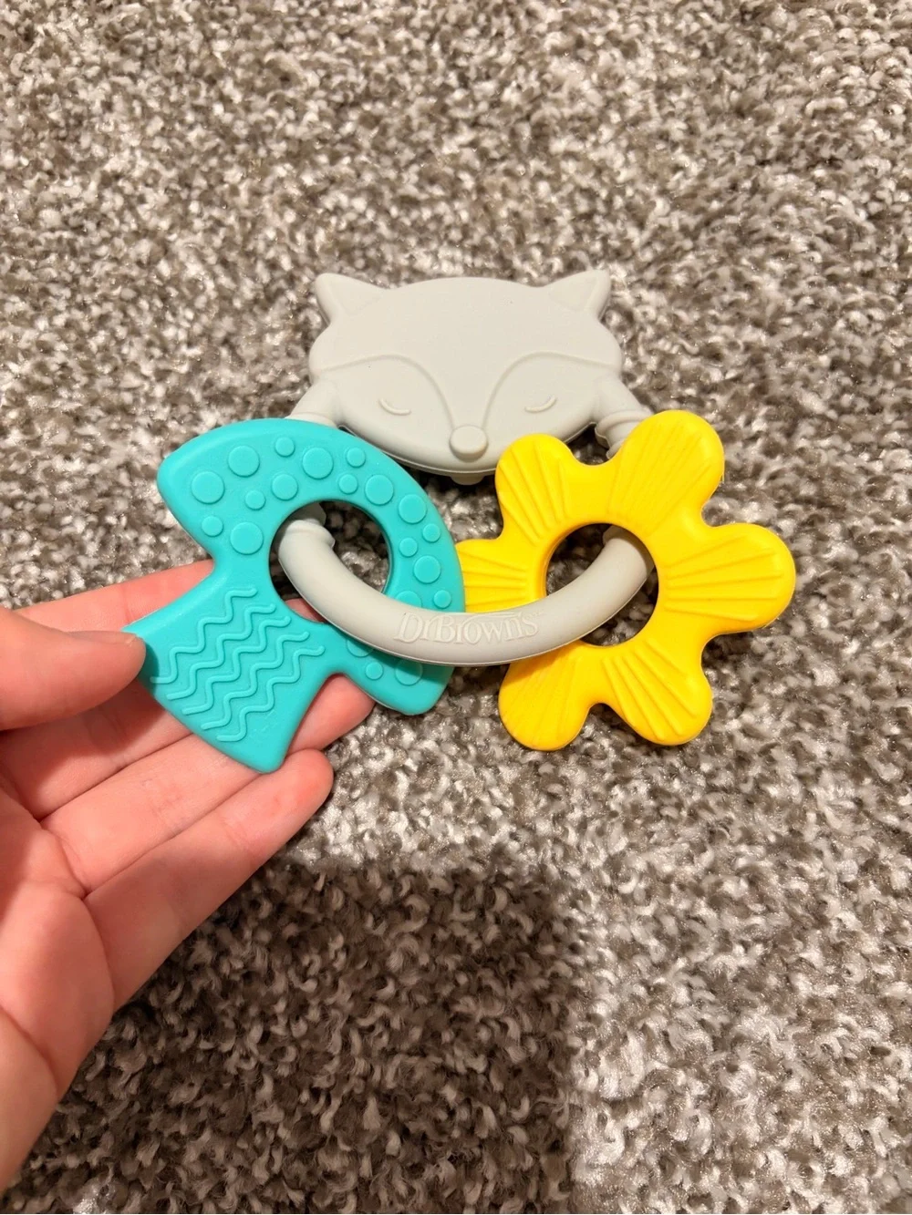 Dr. Brown's Gray Fox Teether Ring with Yellow & Teal Toys